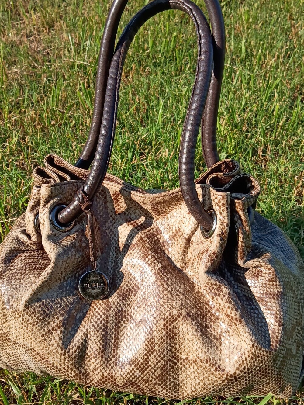 Furla Snake-Print Shoulder Bag in Tan and Dark Brown - Picture 2 of 7